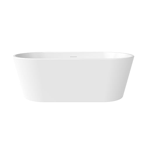 59 in. High-back Free Standing Tub, Contemporary Soaking Tub, Bathroom Stand Alone Freestanding Bathtub Overflow and Drain (Glossy White)