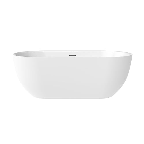 59 in. High-back Free Standing Tub, Contemporary Soaking Tub, Bathroom Stand Alone Freestanding Bathtub Overflow and Drain (Glossy White)