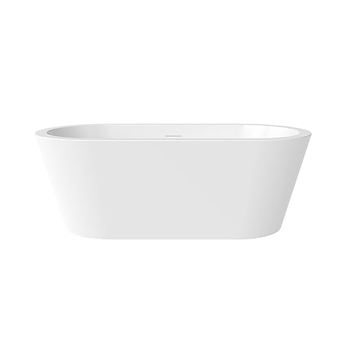59 in. High-back Free Standing Tub, Contemporary Soaking Tub, Bathroom Stand Alone Freestanding Bathtub Overflow and Drain (Glossy White)