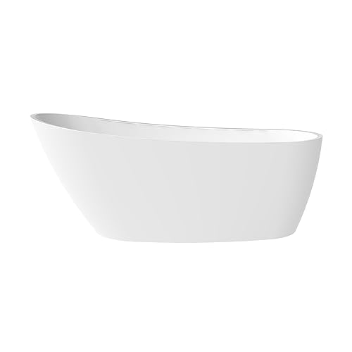 59 in. High-back Free Standing Tub, Contemporary Soaking Tub, Bathroom Stand Alone Freestanding Bathtub Overflow and Drain (Glossy White)