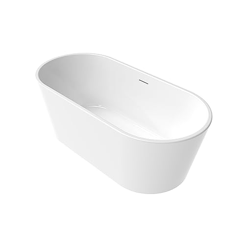 59 in. High-back Free Standing Tub, Contemporary Soaking Tub, Bathroom Stand Alone Freestanding Bathtub Overflow and Drain (Glossy White)