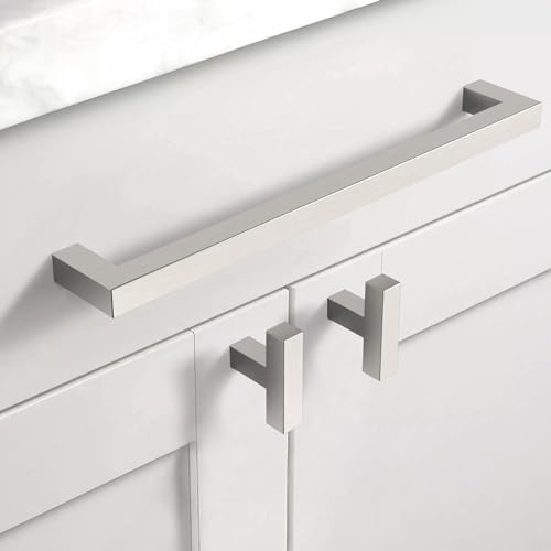 10 Pack 5''(128mm) Matte Black Cabinet Pulls Kitchen Stainless Steel Cabinet Handles Square Cabinet Hardware for Cupboard Drawer Pulls