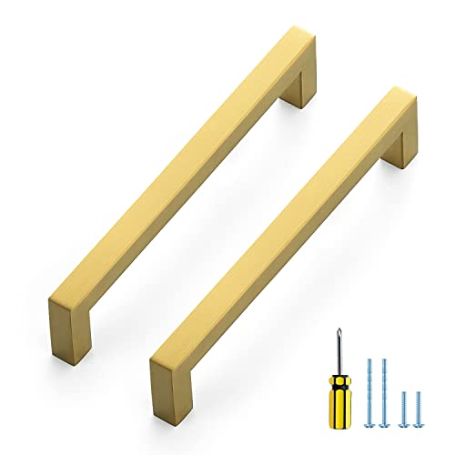 Ravinte 10 Pack Gold Cabinet Pulls 12-3/5 Inch Brushed Brass Kitchen Cabinet Handles Gold Square Kitchen Hardware for Cabinet Gold Kitchen Drawer Pulls Come with Screwdriver