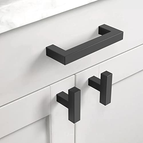 10 Pack 5''(128mm) Matte Black Cabinet Pulls Kitchen Stainless Steel Cabinet Handles Square Cabinet Hardware for Cupboard Drawer Pulls