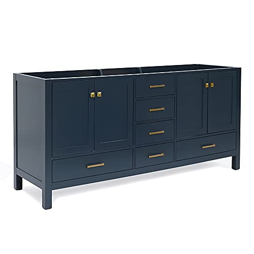 ARIEL 72" Midnight Blue Double Bathroom Vanity Base Cabinet, Double Sink Configuration, 2 Soft Closing Doors, 9 Full Extension Dovetail Drawers, Satin Brass