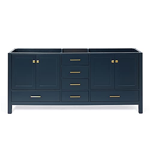 ARIEL 72" Midnight Blue Double Bathroom Vanity Base Cabinet, Double Sink Configuration, 2 Soft Closing Doors, 9 Full Extension Dovetail Drawers, Satin Brass