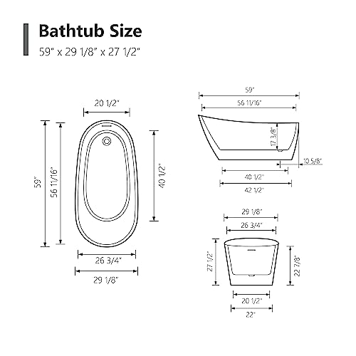 59 in. High-back Free Standing Tub, Contemporary Soaking Tub, Bathroom Stand Alone Freestanding Bathtub Overflow and Drain (Glossy White)