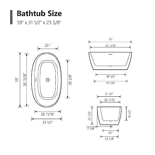 59 in. High-back Free Standing Tub, Contemporary Soaking Tub, Bathroom Stand Alone Freestanding Bathtub Overflow and Drain (Glossy White)