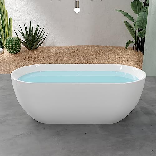 59 in. High-back Free Standing Tub, Contemporary Soaking Tub, Bathroom Stand Alone Freestanding Bathtub Overflow and Drain (Glossy White)