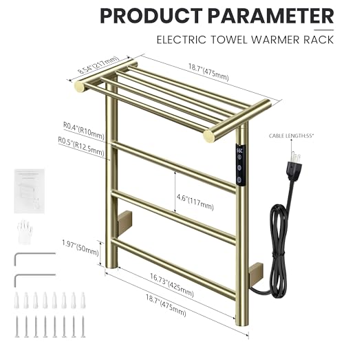 Towel Warmer Wall Mounted with 3 Electric Stainless Steel Heated Bars, Hot Towel Rack for Bathroom, Plug-in BathTowel Heater with Built-in Timer, Brushed Gold