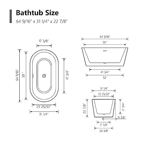 59 in. High-back Free Standing Tub, Contemporary Soaking Tub, Bathroom Stand Alone Freestanding Bathtub Overflow and Drain (Glossy White)