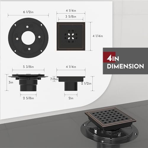 6 Inch Square Shower Floor Drain with Flange,Quadrato Pattern Grate Removable,Food-grade SUS 304 Stainless Steel,WATERMARK&CUPC Certified, Brushed Gold