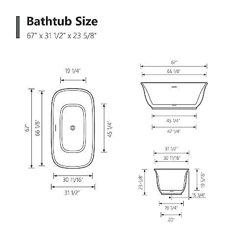 59 in. High-back Free Standing Tub, Contemporary Soaking Tub, Bathroom Stand Alone Freestanding Bathtub Overflow and Drain (Glossy White)