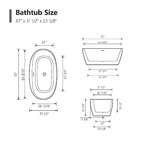 59 in. High-back Free Standing Tub, Contemporary Soaking Tub, Bathroom Stand Alone Freestanding Bathtub Overflow and Drain (Glossy White)