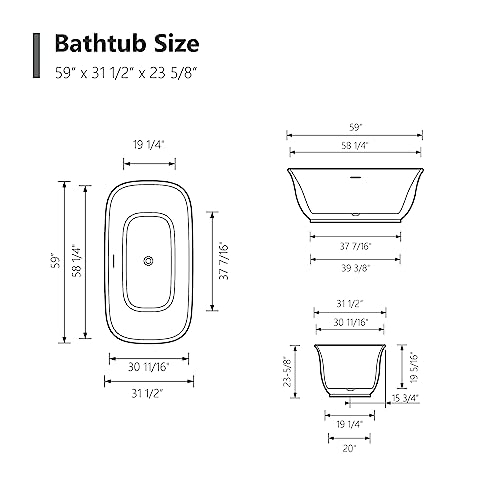 59 in. High-back Free Standing Tub, Contemporary Soaking Tub, Bathroom Stand Alone Freestanding Bathtub Overflow and Drain (Glossy White)