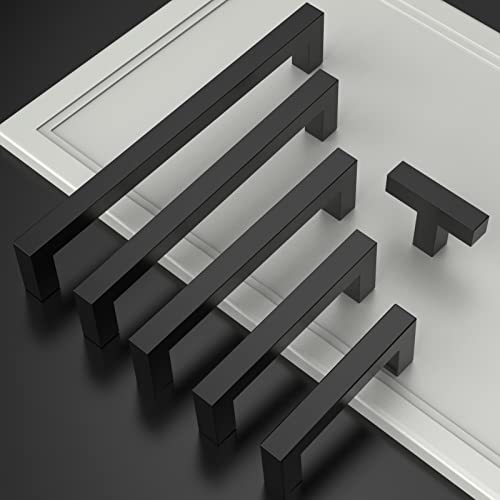 10 Pack 5''(128mm) Matte Black Cabinet Pulls Kitchen Stainless Steel Cabinet Handles Square Cabinet Hardware for Cupboard Drawer Pulls