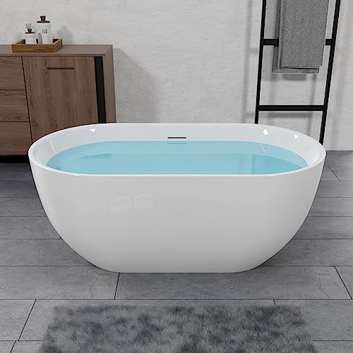 59 in. High-back Free Standing Tub, Contemporary Soaking Tub, Bathroom Stand Alone Freestanding Bathtub Overflow and Drain (Glossy White)