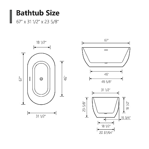 59 in. High-back Free Standing Tub, Contemporary Soaking Tub, Bathroom Stand Alone Freestanding Bathtub Overflow and Drain (Glossy White)