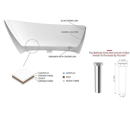 59 in. High-back Free Standing Tub, Contemporary Soaking Tub, Bathroom Stand Alone Freestanding Bathtub Overflow and Drain (Glossy White)