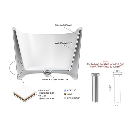 59 in. High-back Free Standing Tub, Contemporary Soaking Tub, Bathroom Stand Alone Freestanding Bathtub Overflow and Drain (Glossy White)