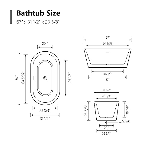 59 in. High-back Free Standing Tub, Contemporary Soaking Tub, Bathroom Stand Alone Freestanding Bathtub Overflow and Drain (Glossy White)