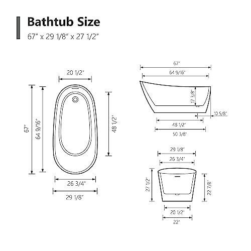 59 in. High-back Free Standing Tub, Contemporary Soaking Tub, Bathroom Stand Alone Freestanding Bathtub Overflow and Drain (Glossy White)