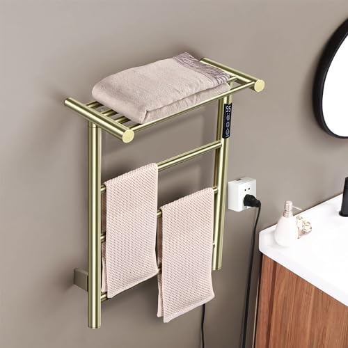 Towel Warmer Wall Mounted with 3 Electric Stainless Steel Heated Bars, Hot Towel Rack for Bathroom, Plug-in BathTowel Heater with Built-in Timer, Brushed Gold