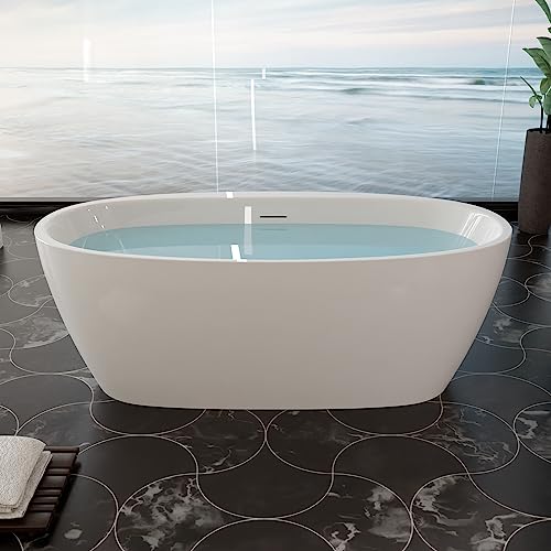 59 in. High-back Free Standing Tub, Contemporary Soaking Tub, Bathroom Stand Alone Freestanding Bathtub Overflow and Drain (Glossy White)