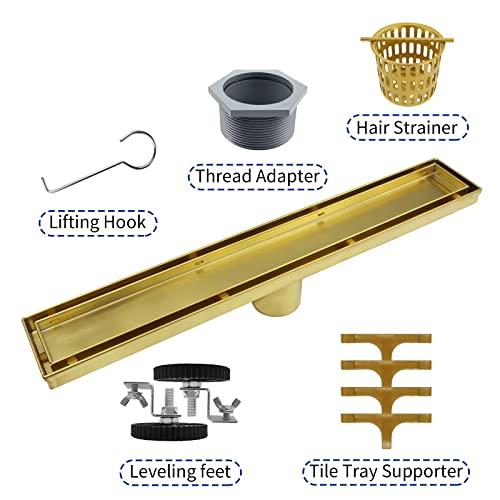 Square Shower Drain 6", Brushed Gold Floor Drain with Tiled Insert Grate & Hair Strainer, 304 Stainless Steel Bathroom 2-in-1 Tiled in Drain, CUPC Certified (Brushed Gold, 6'')