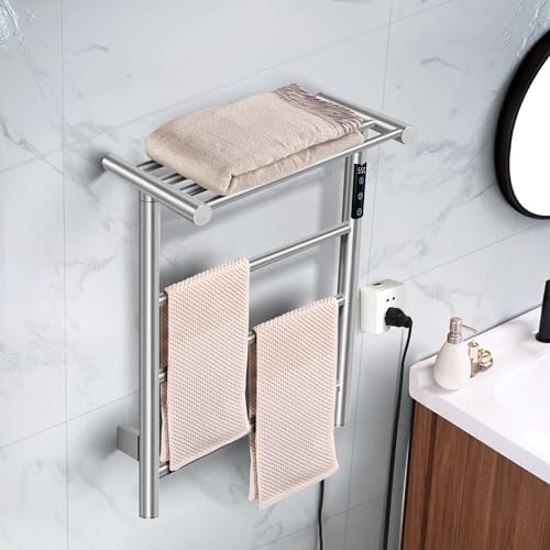 Towel Warmer Wall Mounted with 3 Electric Stainless Steel Heated Bars, Hot Towel Rack for Bathroom, Plug-in BathTowel Heater with Built-in Timer, Brushed Gold