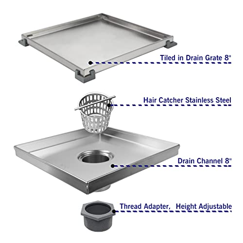 Square Shower Drain 6", Brushed Gold Floor Drain with Tiled Insert Grate & Hair Strainer, 304 Stainless Steel Bathroom 2-in-1 Tiled in Drain, CUPC Certified (Brushed Gold, 6'')