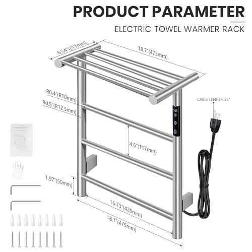 Towel Warmer Wall Mounted with 3 Electric Stainless Steel Heated Bars, Hot Towel Rack for Bathroom, Plug-in BathTowel Heater with Built-in Timer, Brushed Gold