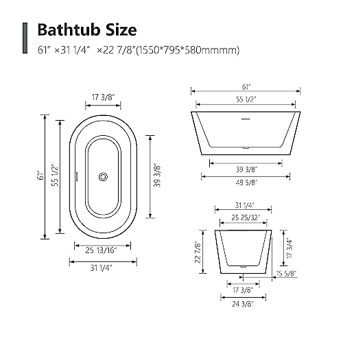 59 in. High-back Free Standing Tub, Contemporary Soaking Tub, Bathroom Stand Alone Freestanding Bathtub Overflow and Drain (Glossy White)