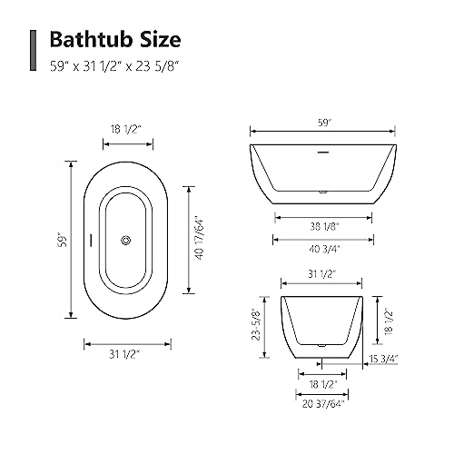 59 in. High-back Free Standing Tub, Contemporary Soaking Tub, Bathroom Stand Alone Freestanding Bathtub Overflow and Drain (Glossy White)