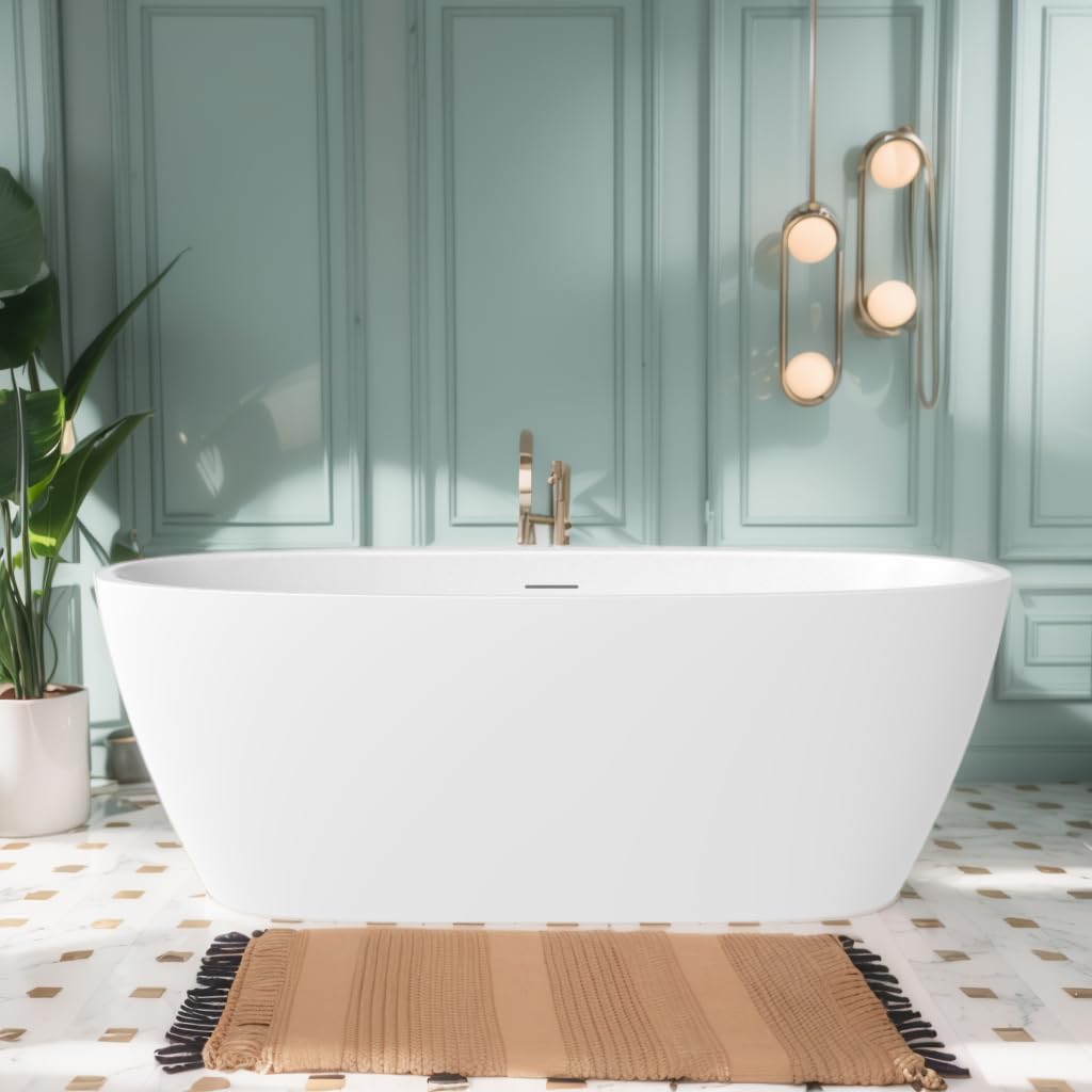 59 in. High-back Free Standing Tub, Contemporary Soaking Tub, Bathroom Stand Alone Freestanding Bathtub Overflow and Drain (Glossy White)
