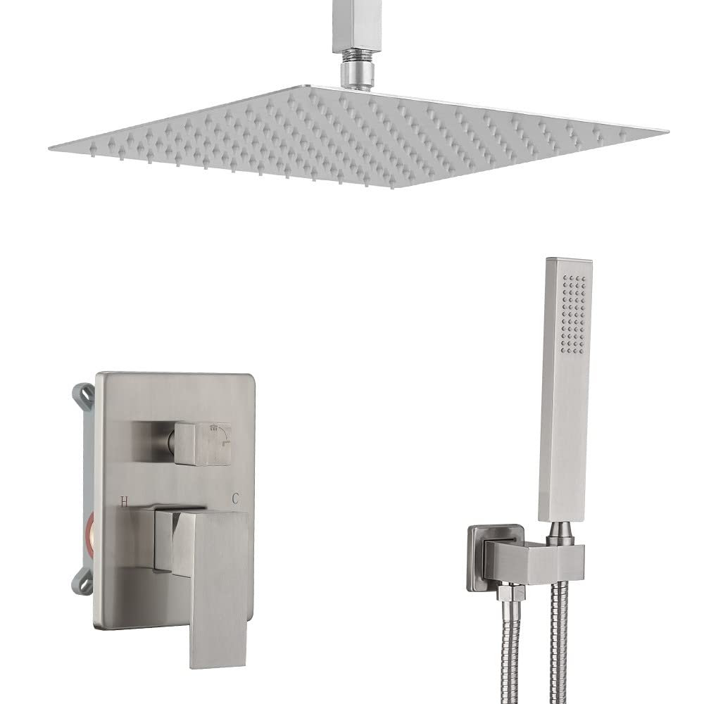 Shower System Brushed Nickel Bathroom 10 Inch Rain Shower Head Ceiling Mount with Handheld Luxury High Pressure Shower Combo Set Shower Faucet Rough-in Valve Body and Trim Included