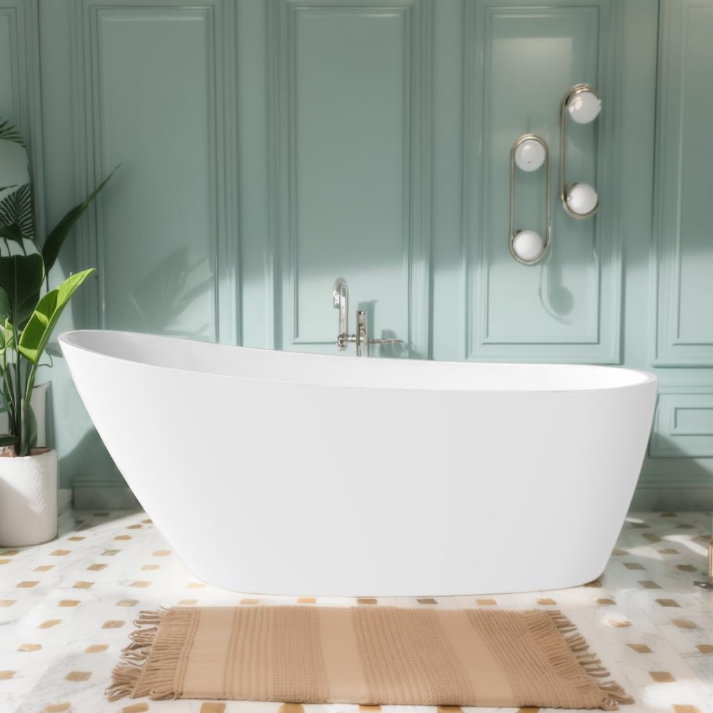 59 in. High-back Free Standing Tub, Contemporary Soaking Tub, Bathroom Stand Alone Freestanding Bathtub Overflow and Drain (Glossy White)