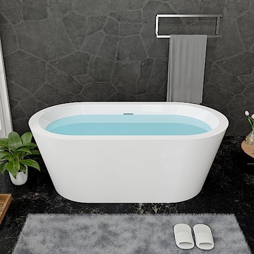 59 in. High-back Free Standing Tub, Contemporary Soaking Tub, Bathroom Stand Alone Freestanding Bathtub Overflow and Drain (Glossy White)