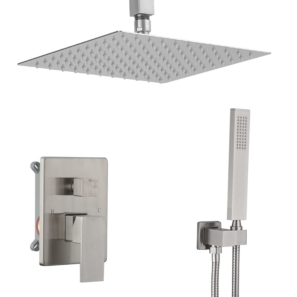 Shower System Brushed Nickel Bathroom 10 Inch Rain Shower Head Ceiling Mount with Handheld Luxury High Pressure Shower Combo Set Shower Faucet Rough-in Valve Body and Trim Included