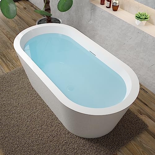 59 in. High-back Free Standing Tub, Contemporary Soaking Tub, Bathroom Stand Alone Freestanding Bathtub Overflow and Drain (Glossy White)