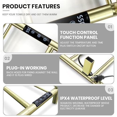 Towel Warmer Wall Mounted with 3 Electric Stainless Steel Heated Bars, Hot Towel Rack for Bathroom, Plug-in BathTowel Heater with Built-in Timer, Brushed Gold