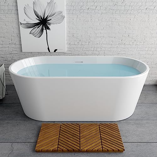 59 in. High-back Free Standing Tub, Contemporary Soaking Tub, Bathroom Stand Alone Freestanding Bathtub Overflow and Drain (Glossy White)