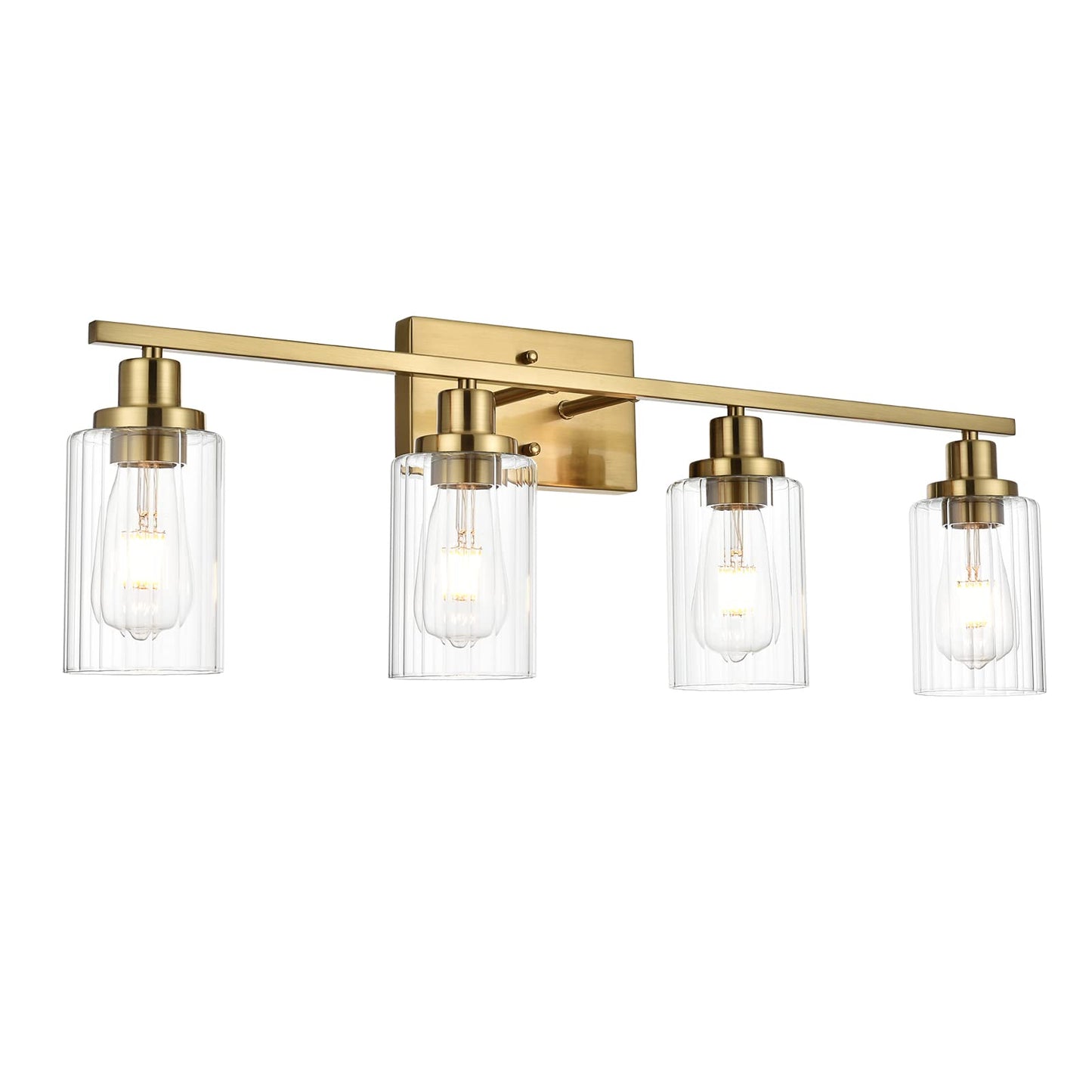 Jonsi Gold Bathroom Vanity Lights, 4 Light Brushed Gold Bathroom Light Fixtures with Fluted Glass Shade, Modern Gold Bathroom lights Over Mirror,Vanity Lighting Fixtures,31.1" W x 10.7" H