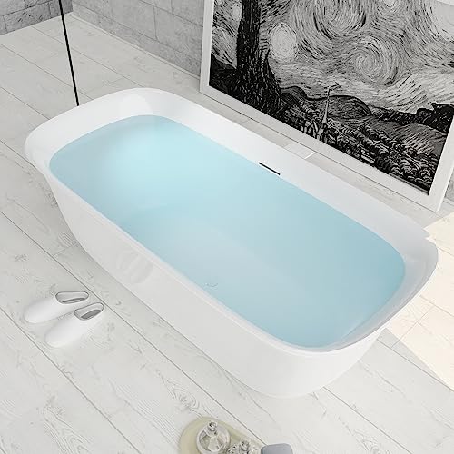 59 in. High-back Free Standing Tub, Contemporary Soaking Tub, Bathroom Stand Alone Freestanding Bathtub Overflow and Drain (Glossy White)