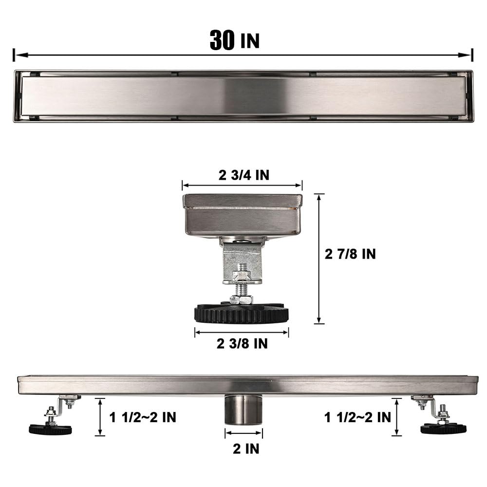 Linear Shower Floor Drain, Black 24 Inch 304 Stainless Steel Bathroom Drains Kit, Rectangular Shower Trench Drain with Reversable Tile-in Pattern Drain Cover & Hair Catcher