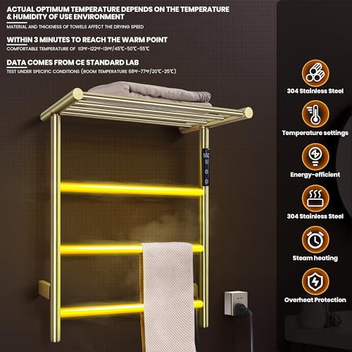 Towel Warmer Wall Mounted with 3 Electric Stainless Steel Heated Bars, Hot Towel Rack for Bathroom, Plug-in BathTowel Heater with Built-in Timer, Brushed Gold