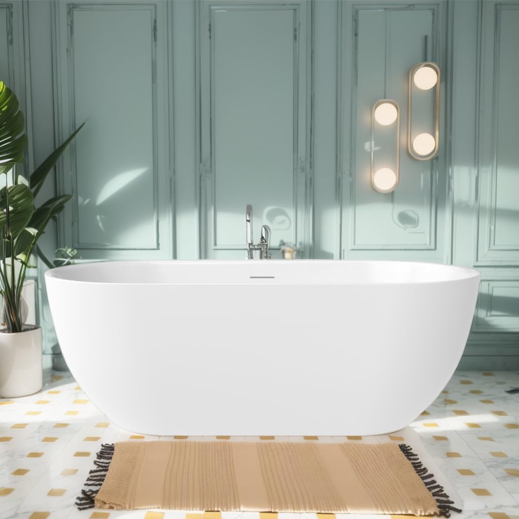 59 in. High-back Free Standing Tub, Contemporary Soaking Tub, Bathroom Stand Alone Freestanding Bathtub Overflow and Drain (Glossy White)