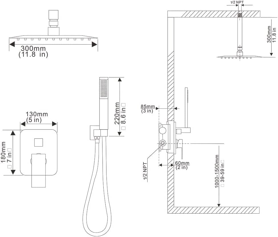 Shower System Brushed Nickel Bathroom 10 Inch Rain Shower Head Ceiling Mount with Handheld Luxury High Pressure Shower Combo Set Shower Faucet Rough-in Valve Body and Trim Included