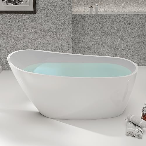 59 in. High-back Free Standing Tub, Contemporary Soaking Tub, Bathroom Stand Alone Freestanding Bathtub Overflow and Drain (Glossy White)