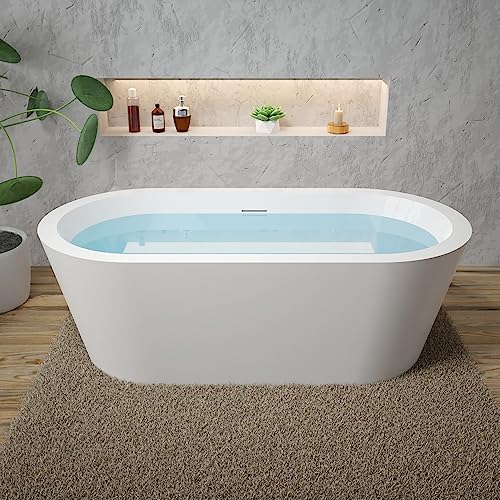 59 in. High-back Free Standing Tub, Contemporary Soaking Tub, Bathroom Stand Alone Freestanding Bathtub Overflow and Drain (Glossy White)